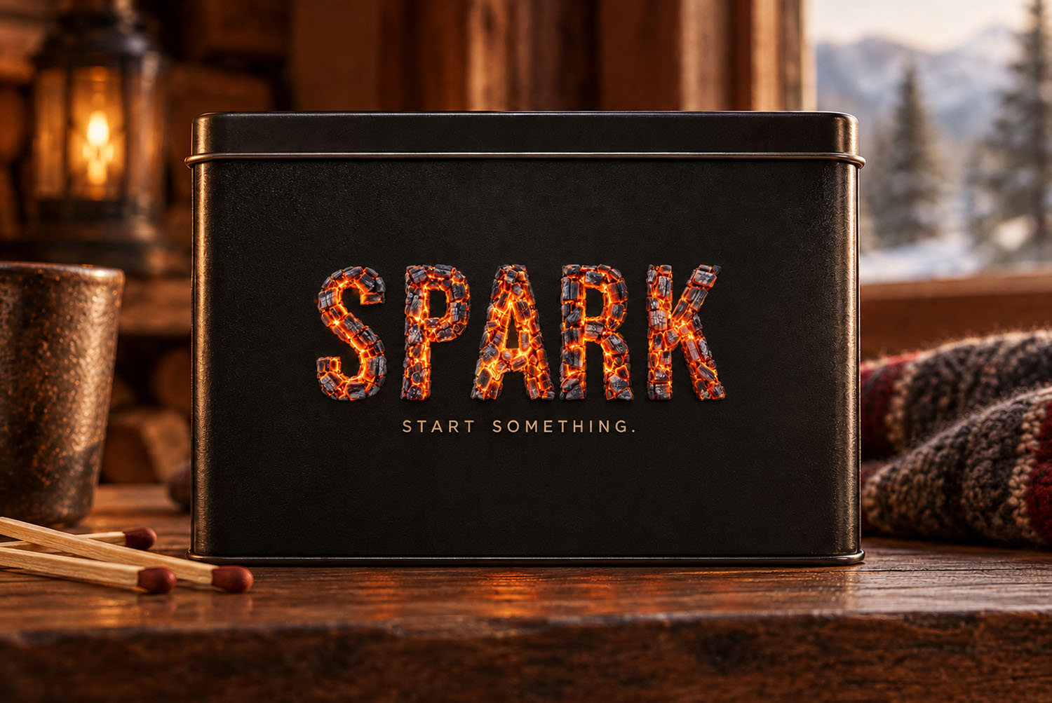 Burning Timber Font SPARK tin box SPARK in the Burning Timber Font on a black tin box beside a pile of matches