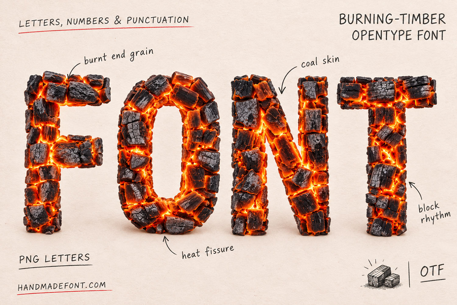 Burning Timber Font annotated cover Burning Timber Font cover with the word FONT and handwritten notes on burnt end grain, coal skin and heat fissures