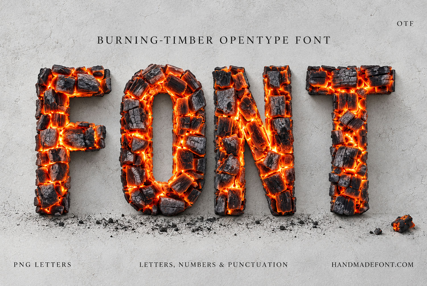 Burning Timber Font cover with ash Burning Timber Font cover on grey stone, the word FONT standing in a scatter of ash