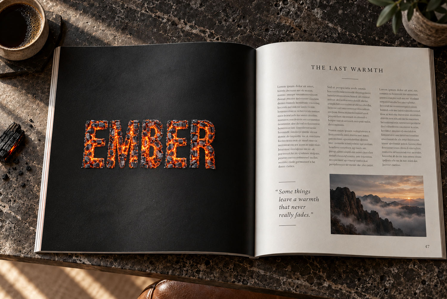 Burning Timber Font EMBER magazine spread EMBER set in the Burning Timber Font across the dark page of an open magazine