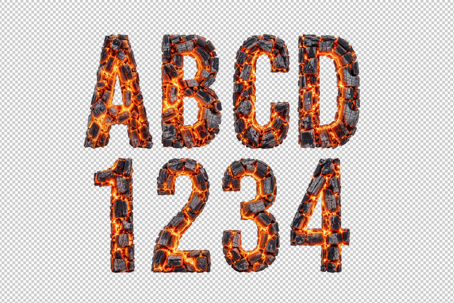 Burning Timber Font PNG letters ABCD 1234 PNG letters of the Burning Timber Font on a transparent checkerboard