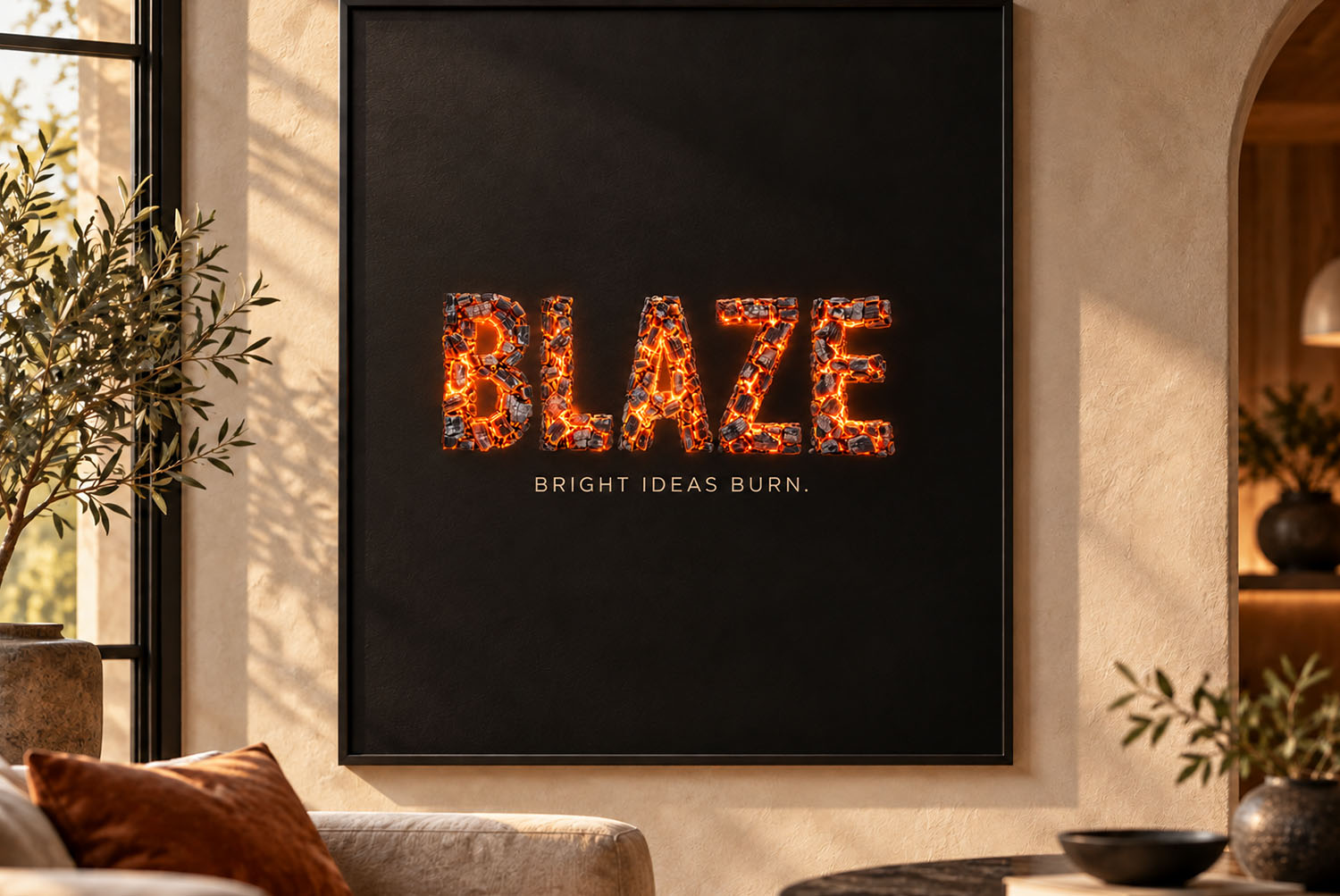 Burning Timber Font BLAZE poster BLAZE in the Burning Timber Font on a framed black poster in a warm living room