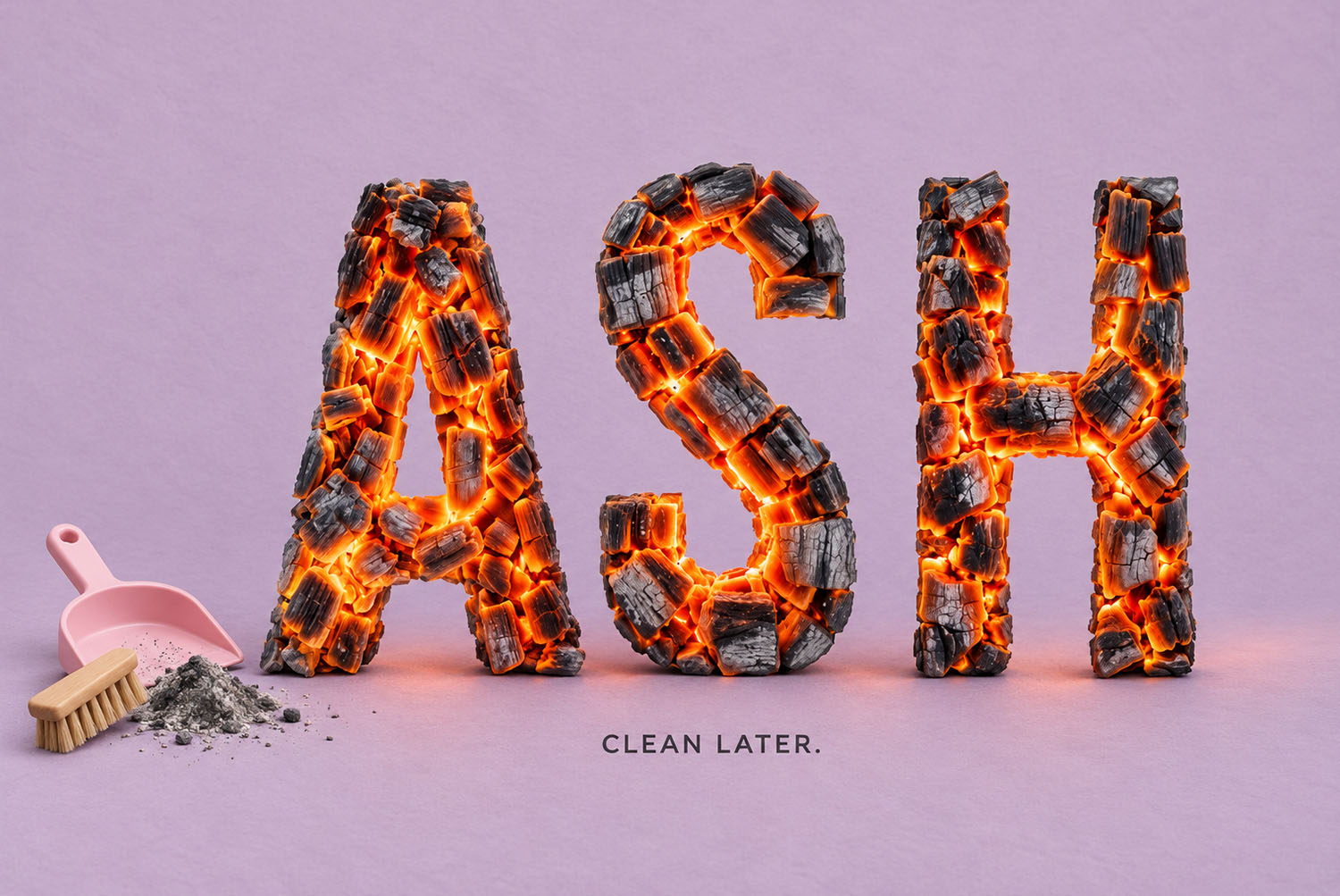 Burning Timber Font ASH with a dustpan ASH spelled in the Burning Timber Font on lilac with a small pink dustpan and brush