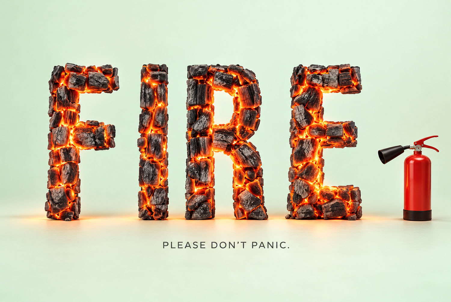 Burning Timber Font FIRE with an extinguisher FIRE in the Burning Timber Font on mint green next to a red fire extinguisher