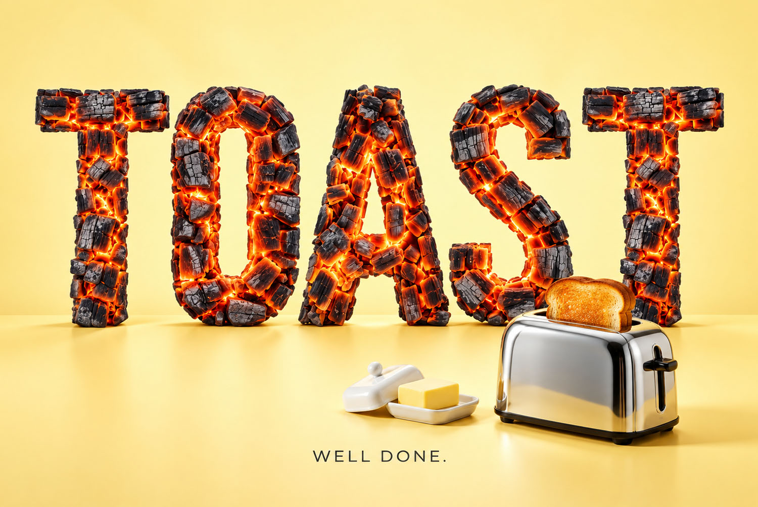 Burning Timber Font TOAST with a toaster TOAST in the Burning Timber Font on yellow beside a chrome toaster