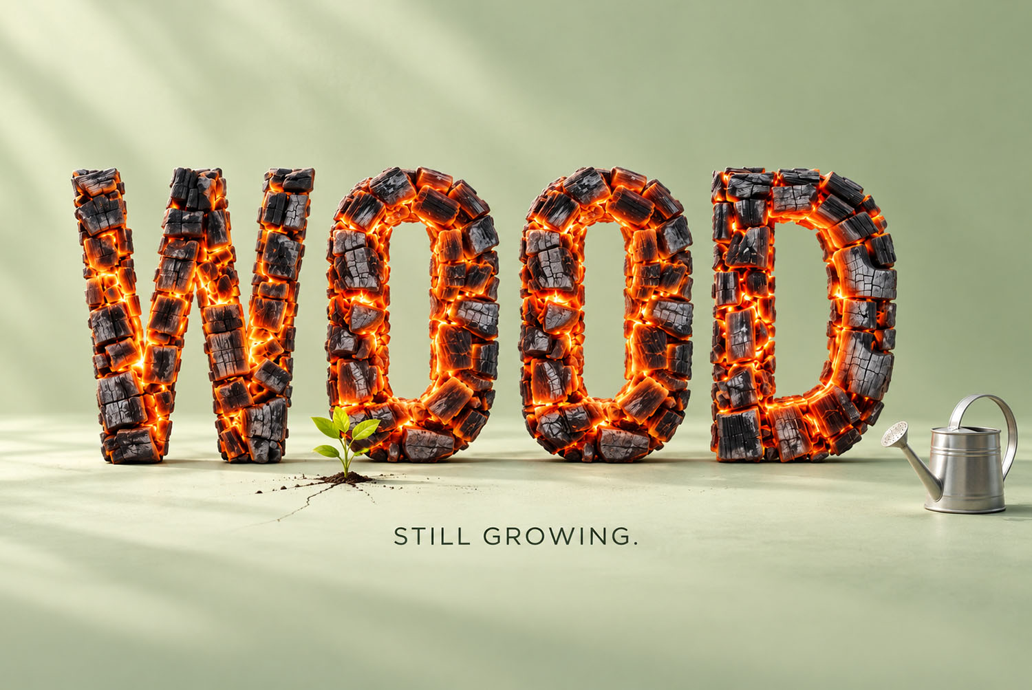 Burning Timber Font WOOD on green WOOD written in the Burning Timber Font against soft green foliage