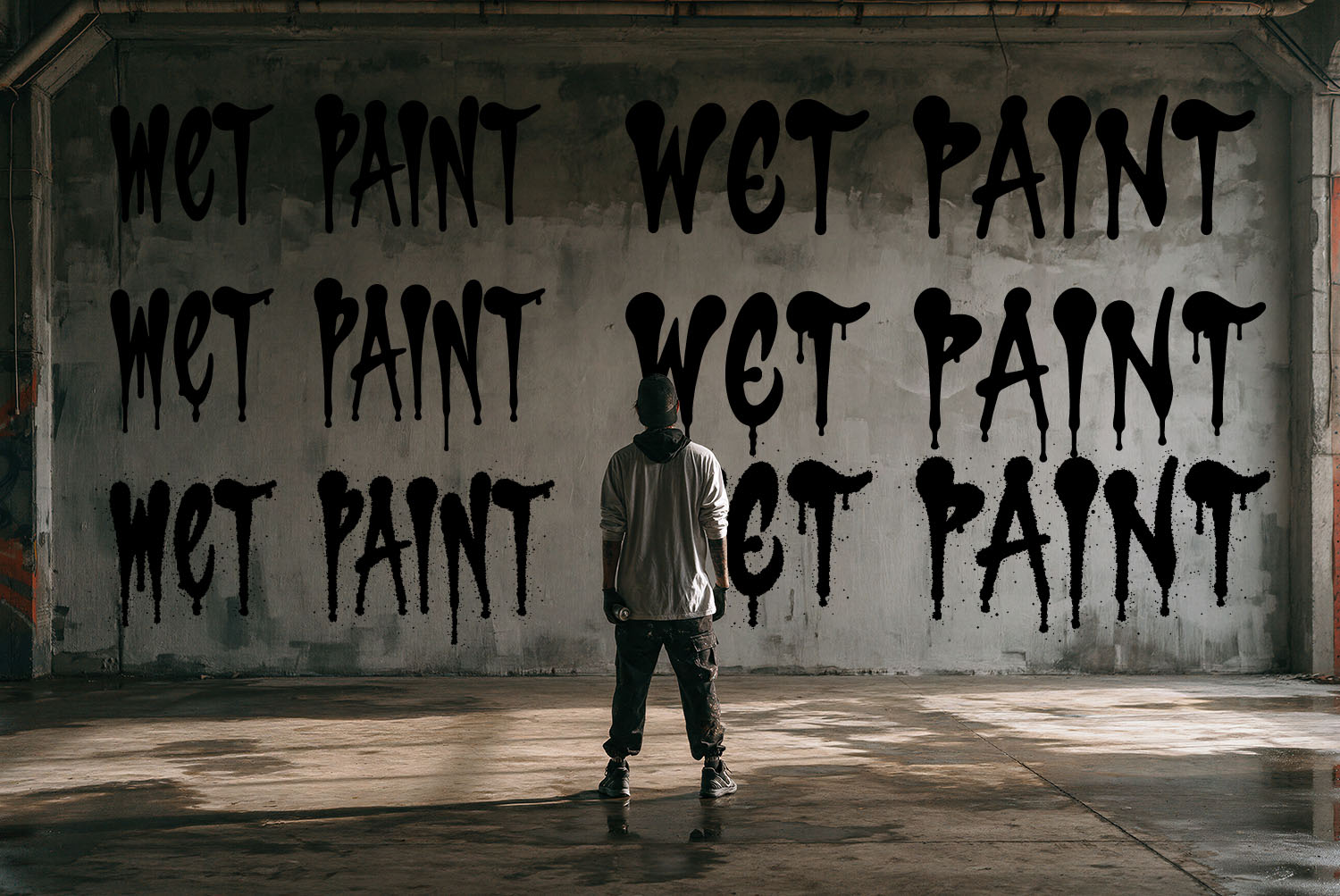 Wet Paint in Six Drip Marker Font Styles WET PAINT written six times in different Drip Marker Font styles on a warehouse wall, a hooded man watching