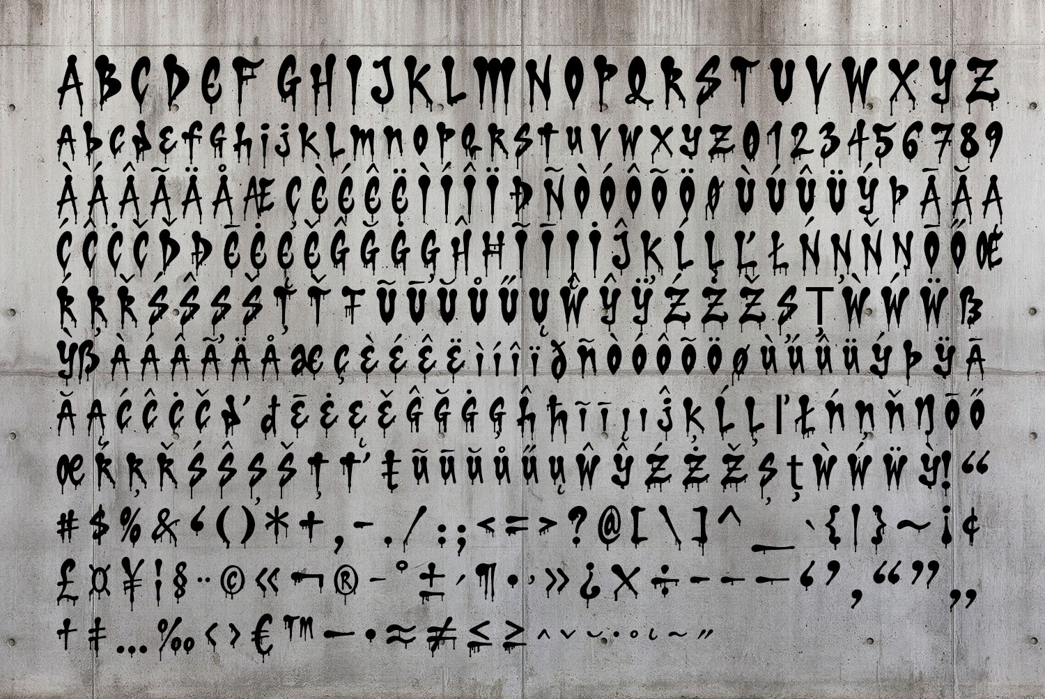 Drip Marker Font Alphabet on Concrete Alphabet, digits and accented letters of the Drip Marker Font painted across a grey concrete wall