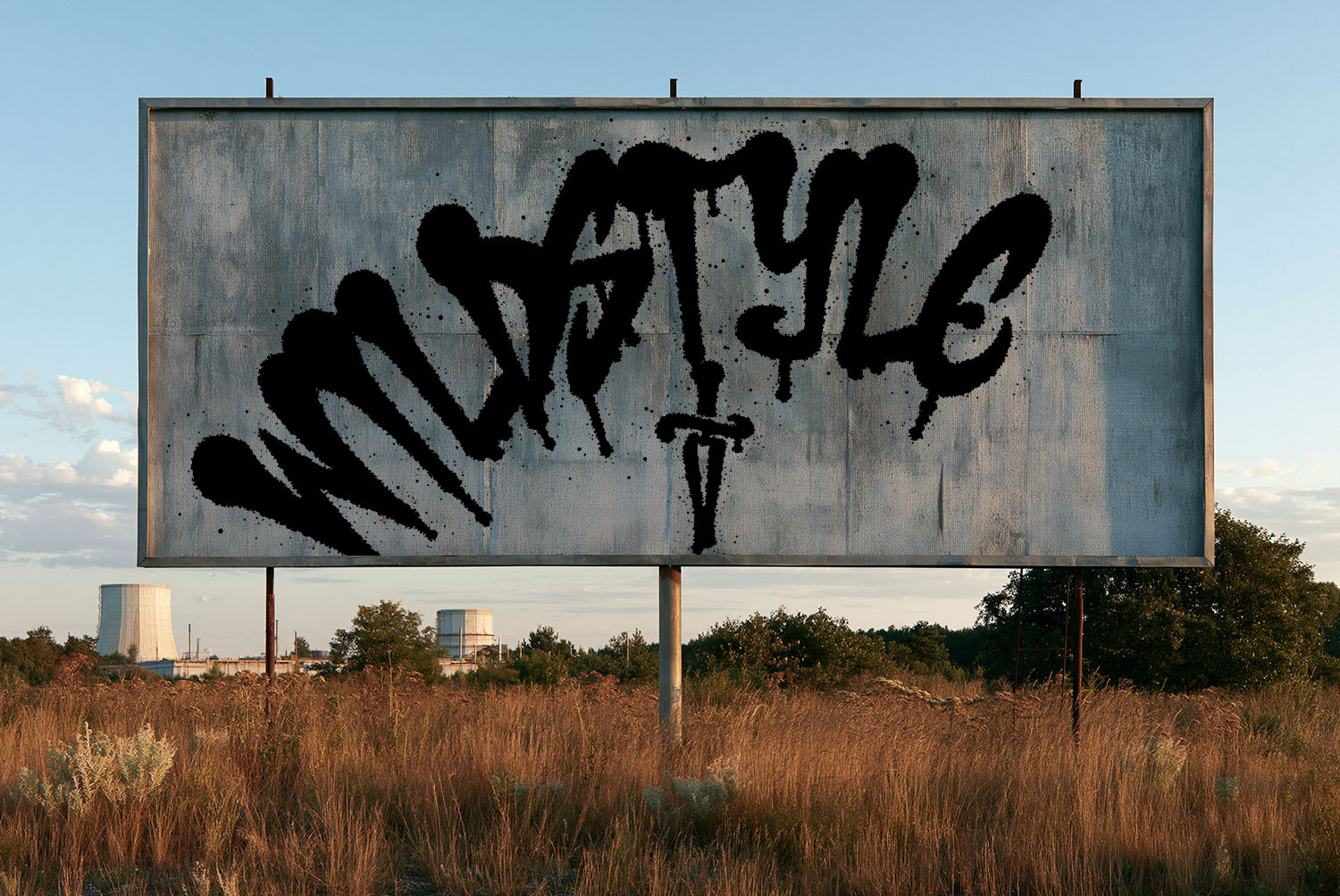 Wildstyle Billboard in Drip Marker Font WILDSTYLE tagged in the Drip Marker Font on a weathered billboard standing in a dry field