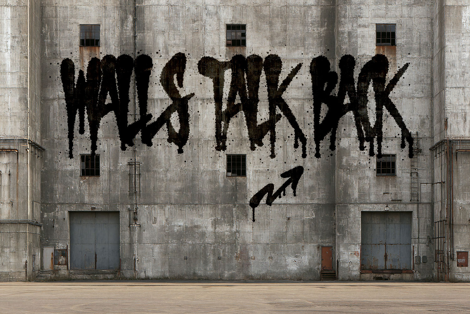 Walls Talk Back in Drip Marker Font WALLS TALK BACK written in the Drip Marker Font across a grey industrial facade with an arrow doodle
