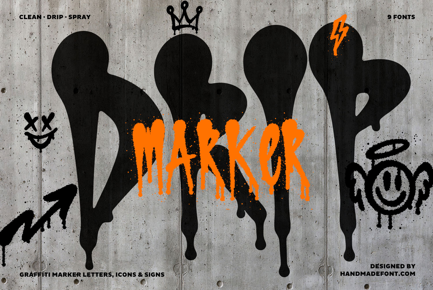 Drip Marker Font Cover Cover of the Drip Marker Font with a huge dripping black DRIP, orange MARKER and crown, smiley and lightning doodles