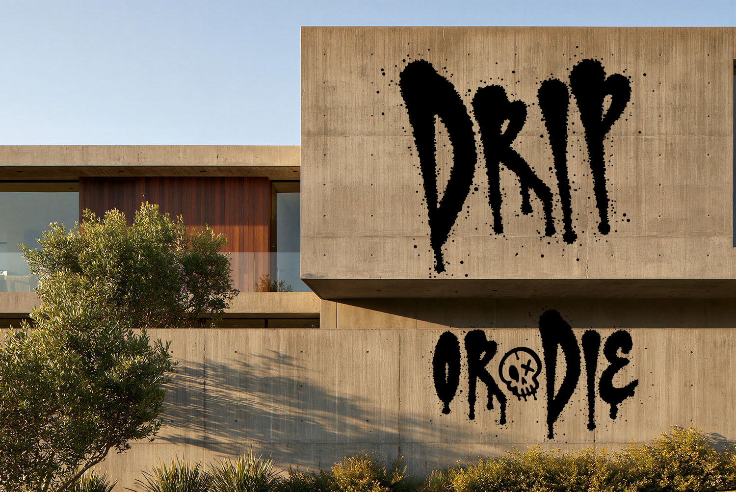 Drip or Die in Drip Marker Font DRIP OR DIE sprayed in the Drip Marker Font on the concrete wall of a modern house
