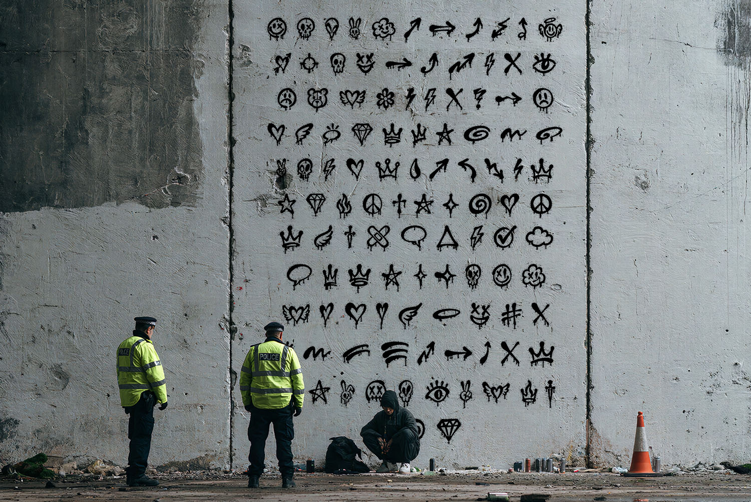 Drip Marker Font Doodle Icons Street doodle icons from the Drip Marker Font icon sets painted on a white wall, two workers in hi-vis jackets nearby