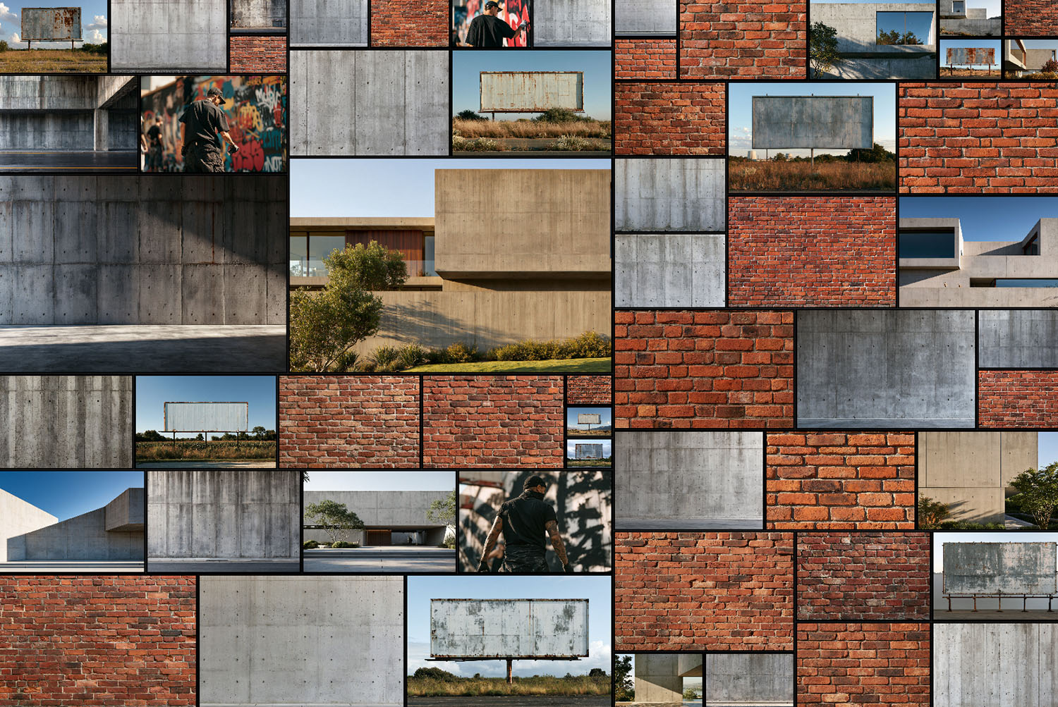More Drip Marker Font Mockup Backgrounds Second grid of Drip Marker Font mockup backgrounds with concrete facades, red brick, billboards and modern buildings