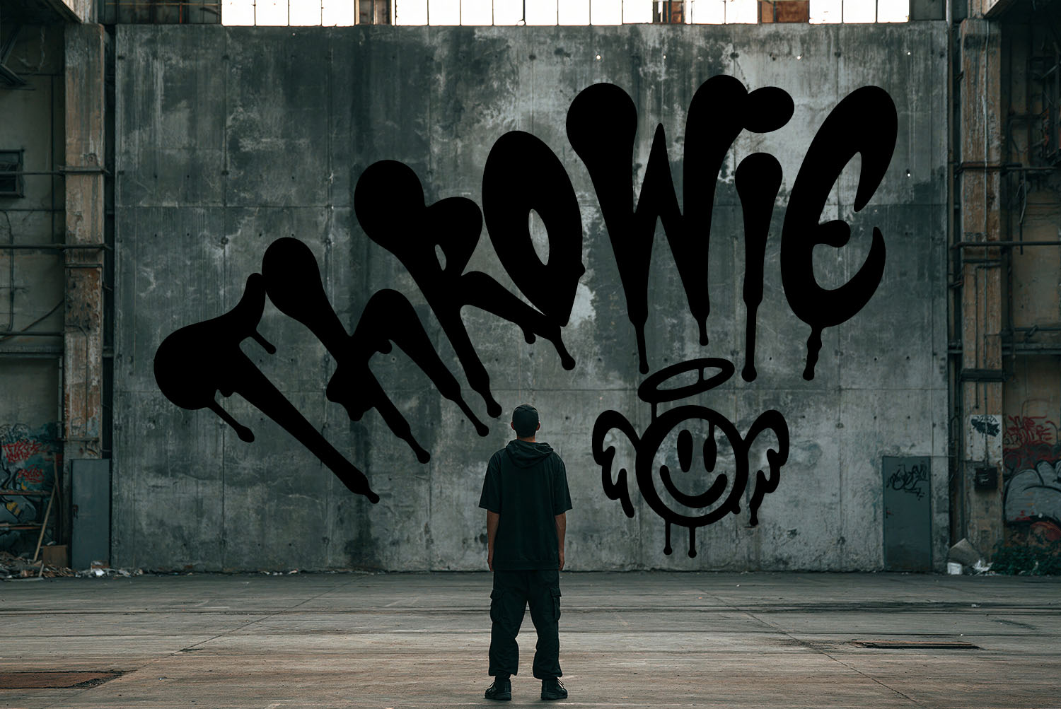 Throwie in Drip Marker Font THROWIE in the rounded Drip Marker Font style on a warehouse wall with a haloed smiley doodle