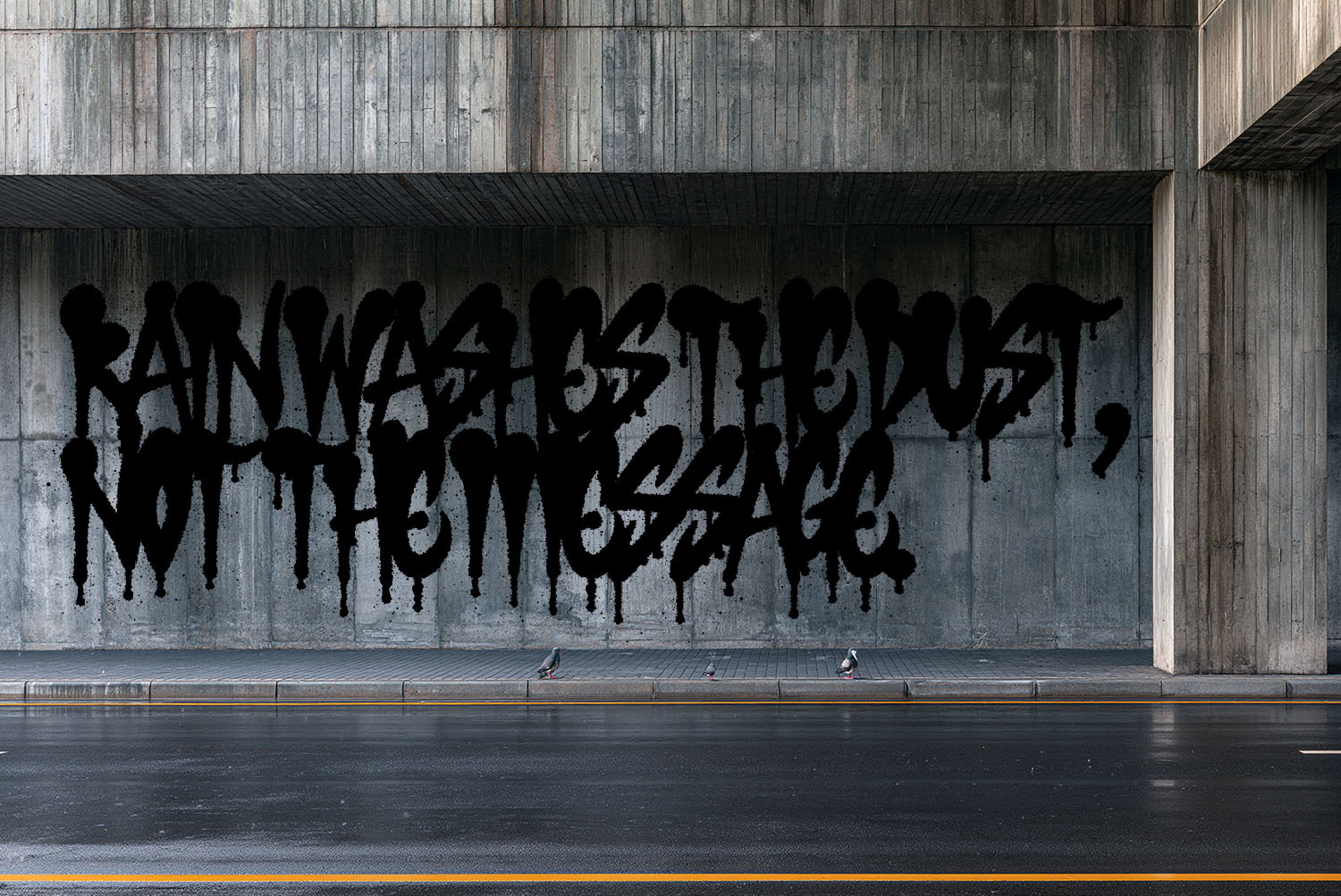 Rain Quote in Drip Marker Font RAIN WASHES THE DUST, NOT THE MESSAGE in dripping Drip Marker Font letters on a concrete underpass wall