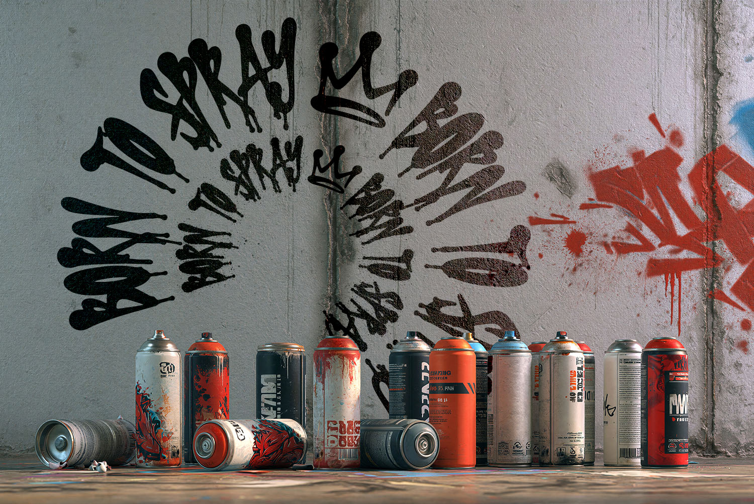 Born to Spray in Drip Marker Font BORN TO SPRAY spiralling in the Drip Marker Font across a wall, spray cans lined up on the floor
