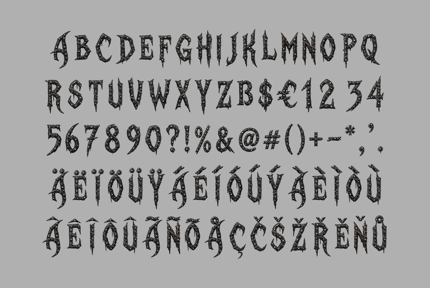 Gothic Punk Font alphabet sheet Alphabet sheet of the Gothic Punk Font with figures, punctuation and a long accent row in quilted black leather