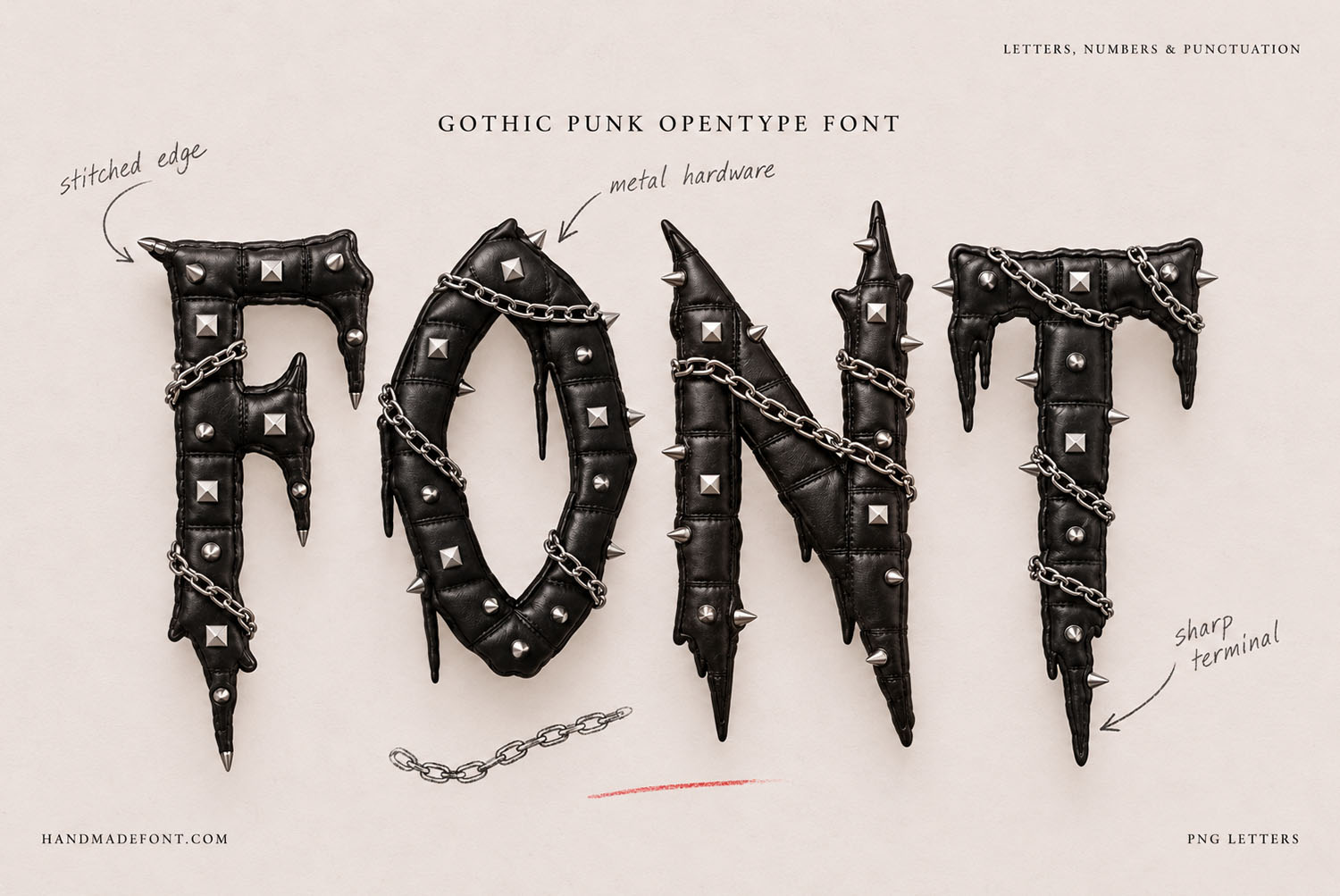 Gothic Punk Font cover with notes Light cover with the word FONT in the Gothic Punk Font, hand-drawn notes pointing to stitched edges, metal hardware and sharp terminals