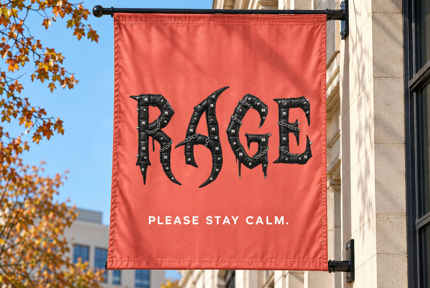 Gothic Punk Font RAGE flag Coral street flag reading RAGE in the Gothic Punk Font with a calm small-print line underneath
