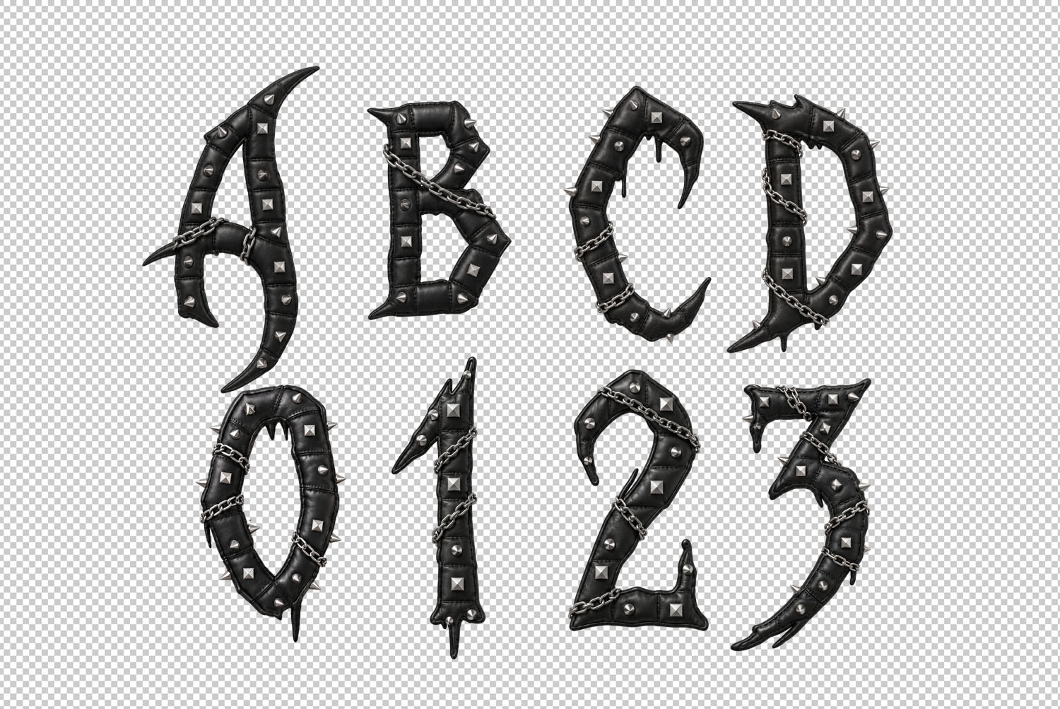 Gothic Punk Font PNG letters ABCD 0123 Transparent PNG letters A B C D and figures 0 1 2 3 of the Gothic Punk Font