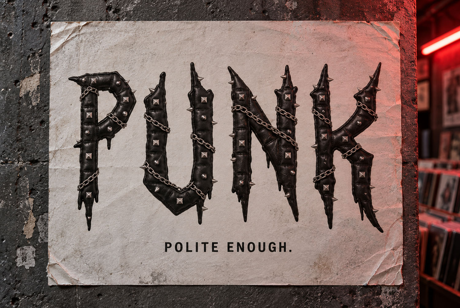 Gothic Punk Font PUNK wall poster Worn paper poster on a dark wall reading PUNK in the Gothic Punk Font