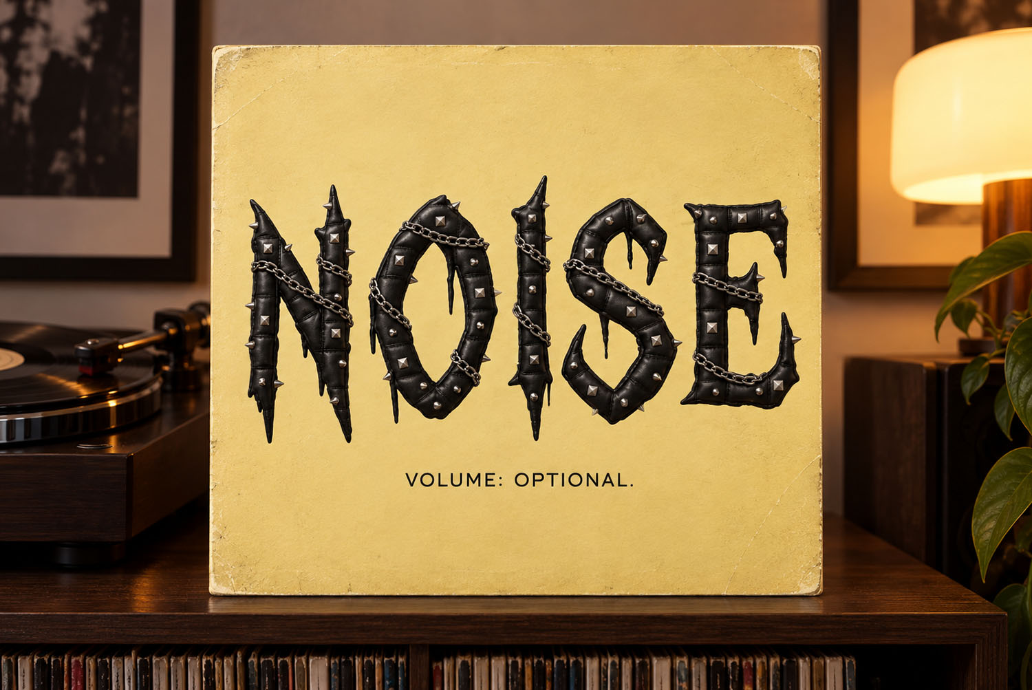Gothic Punk Font NOISE vinyl sleeve Yellow record sleeve reading NOISE in the Gothic Punk Font beside a turntable