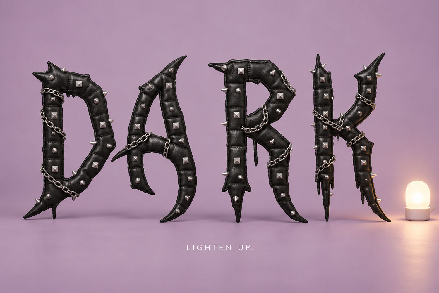 Gothic Punk Font DARK on lilac The word DARK in the Gothic Punk Font standing on a lilac surface next to a small glowing lamp