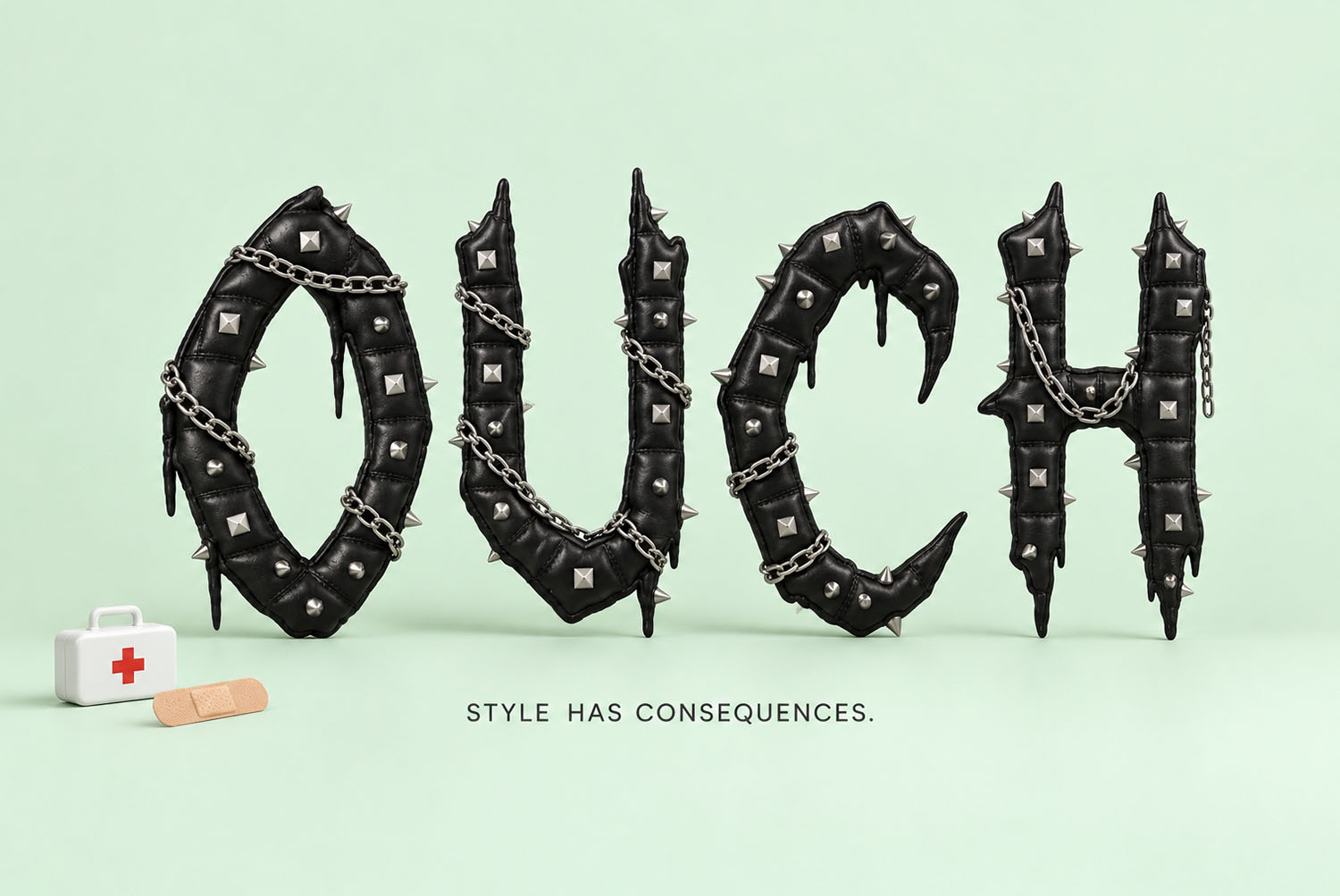 Gothic Punk Font OUCH on mint The word OUCH in the Gothic Punk Font on mint green with a first-aid box and a plaster
