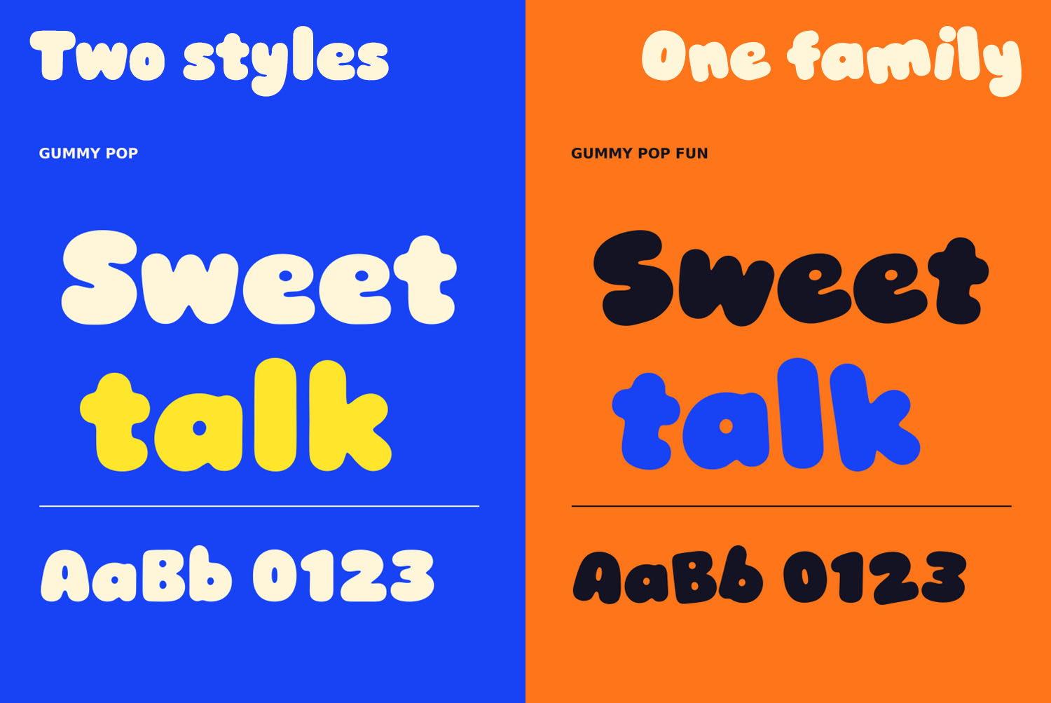 Gummy Pop Font Two Styles Side by Side Two styles of the Gummy Pop Font, upright and the tilted Fun version, setting the words Sweet talk