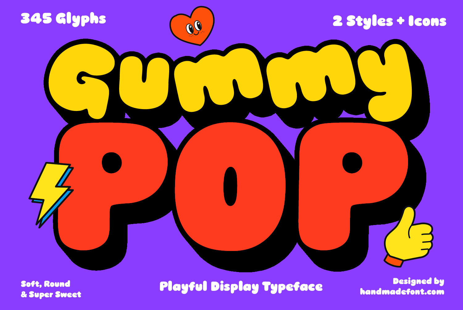 Gummy Pop Font Cover on Purple Gummy Pop Font cover with big yellow and red puffy letters, a lightning bolt and a thumbs-up on purple