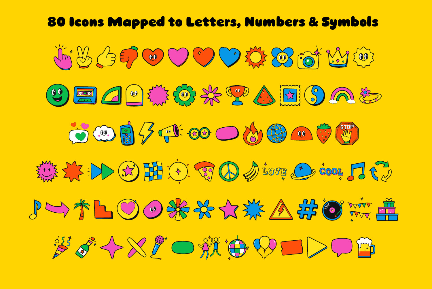 Gummy Pop Font Colour Icons Eighty colour pop-art icons from the Gummy Pop Font set, hearts, flowers, stars and stickers on yellow