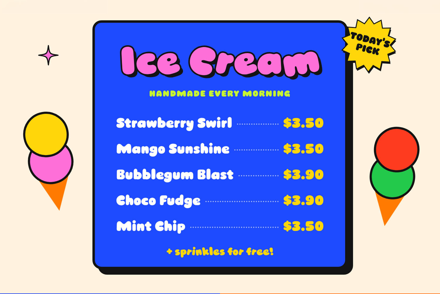 Gummy Pop Font Ice Cream Menu Gummy Pop Font on a blue ice cream menu card with prices and a Today's Pick sticker