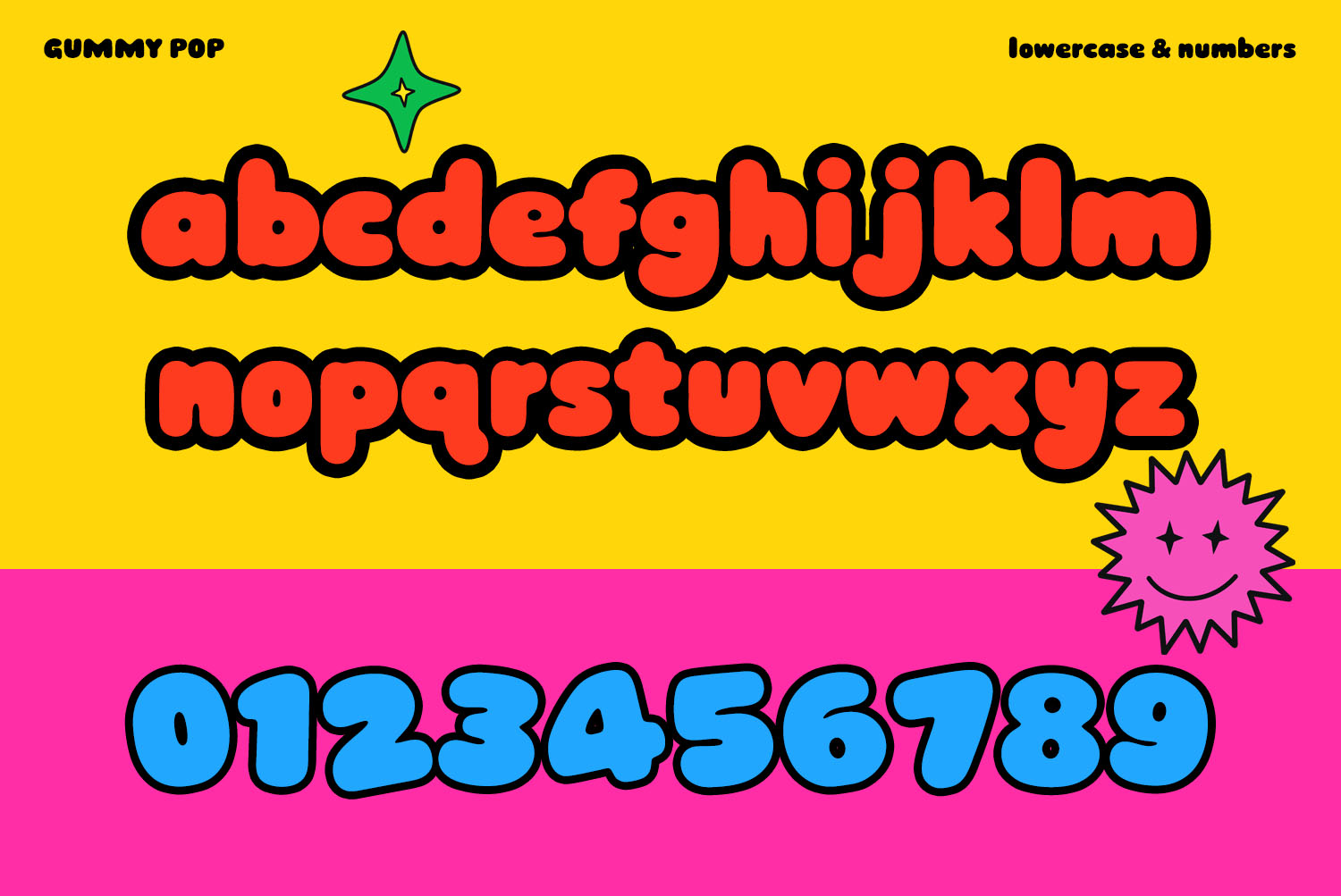 Gummy Pop Font Lowercase and Figures Gummy Pop Font lowercase a to z and figures 0 to 9 in red and blue on yellow and pink