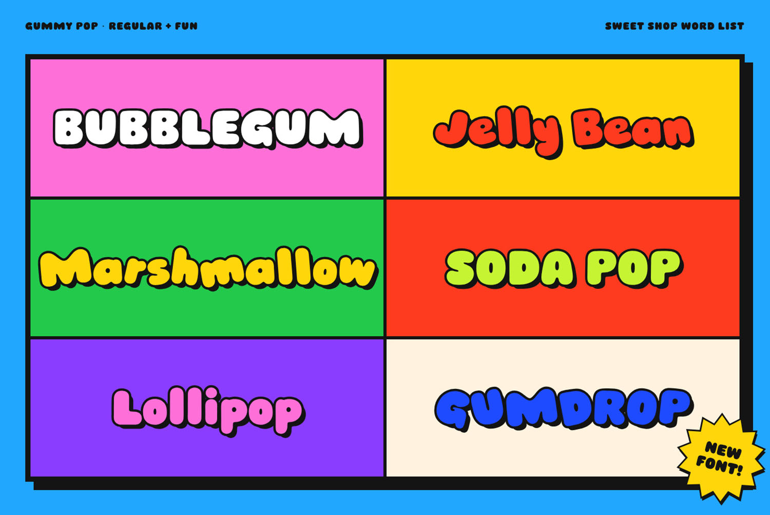 Gummy Pop Font Sweet Shop Word List Gummy Pop Font word list, Bubblegum, Jelly Bean, Marshmallow, Soda Pop, Lollipop and Gumdrop in colour tiles
