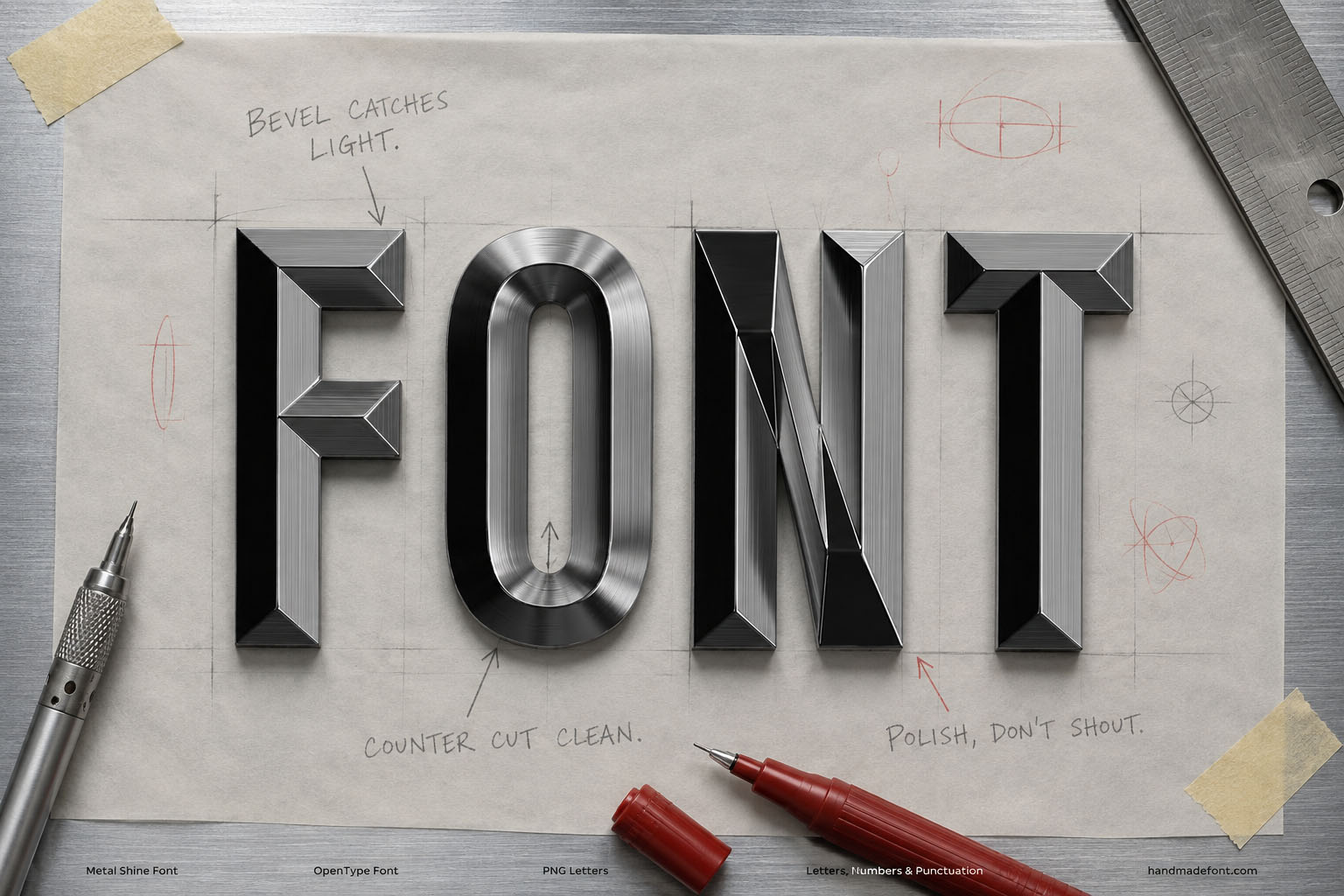 Metal Shine Font dark chrome bevelled capitals on a drafting sketch