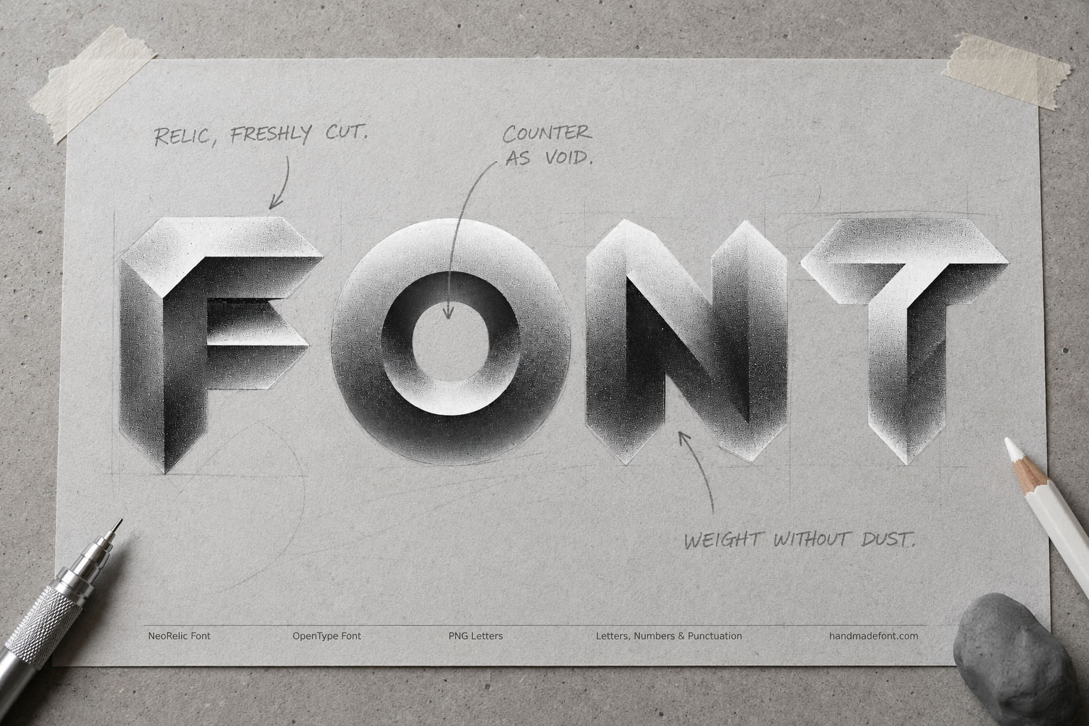 NeoRelic Font carved grey stone letters with chiselled faces on paper