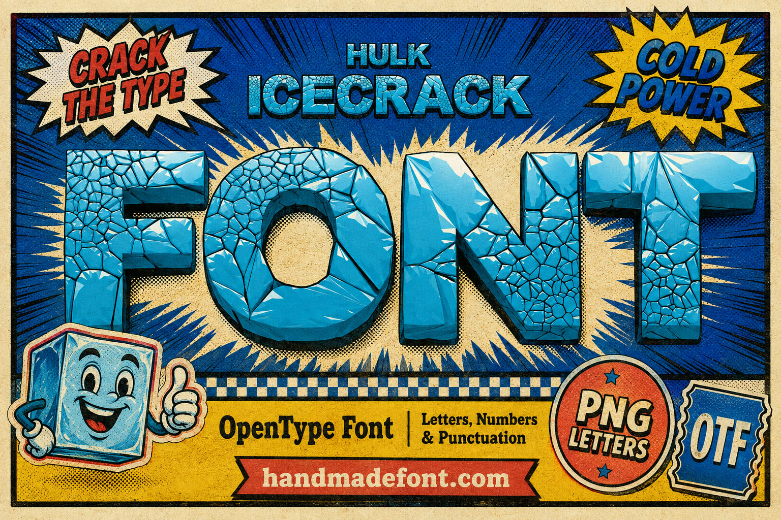 Hulk Icecrack Font cracked cyan ice letters on a retro comic book cover