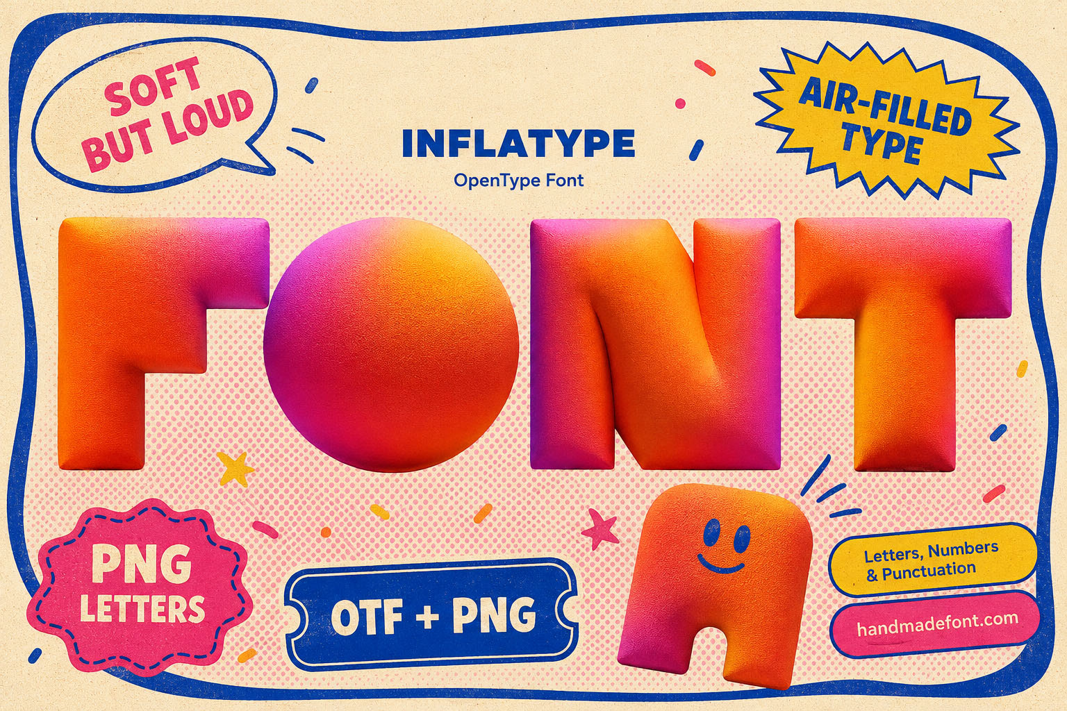 Inflatype Font soft inflated gradient letters in orange and pink