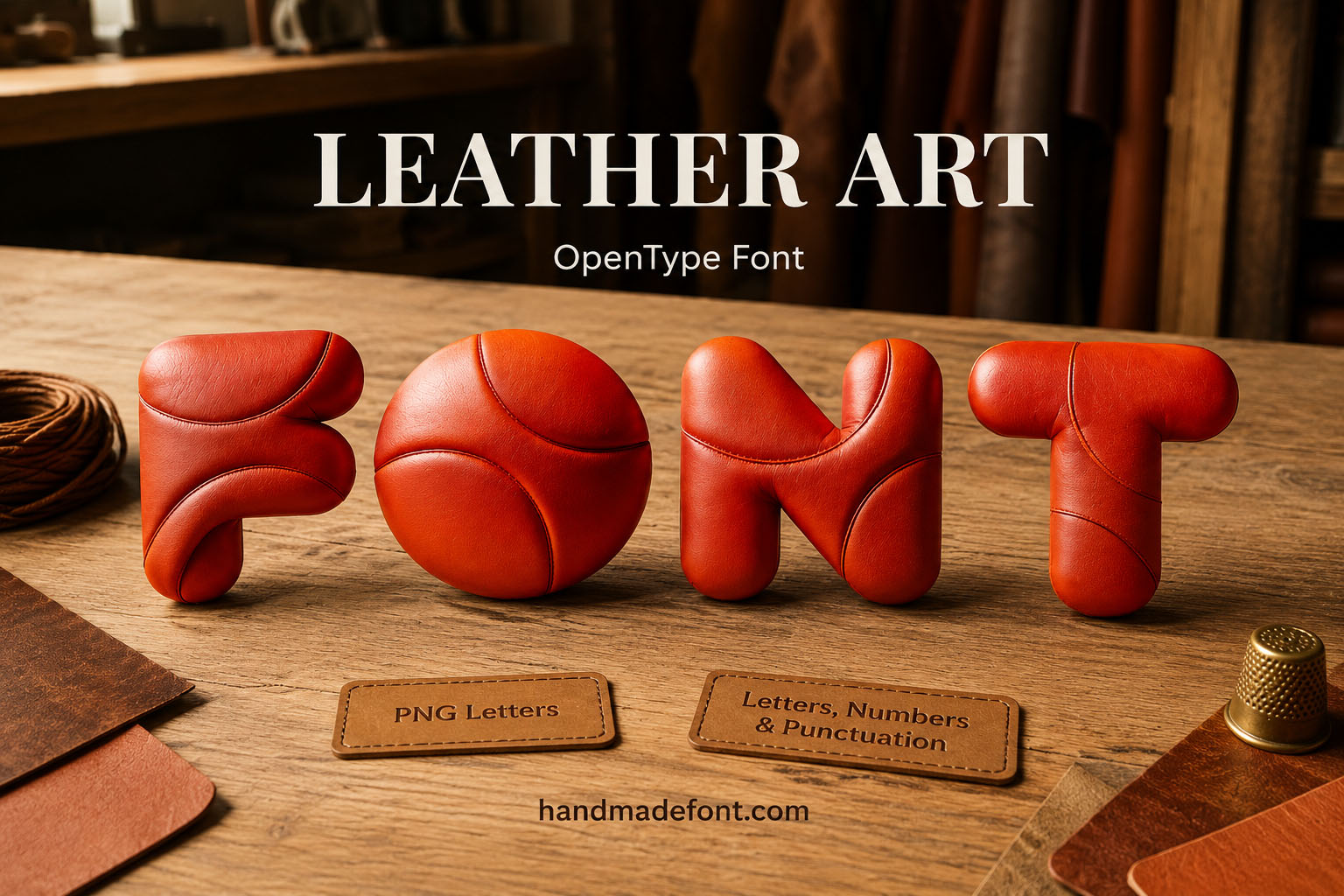 Leather Art Font stitched red leather letters on a workshop table