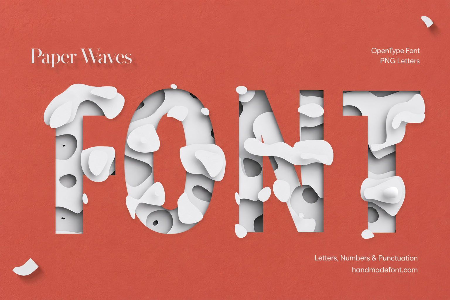 Paper Waves Font white layered paper letters cut into a coral red background