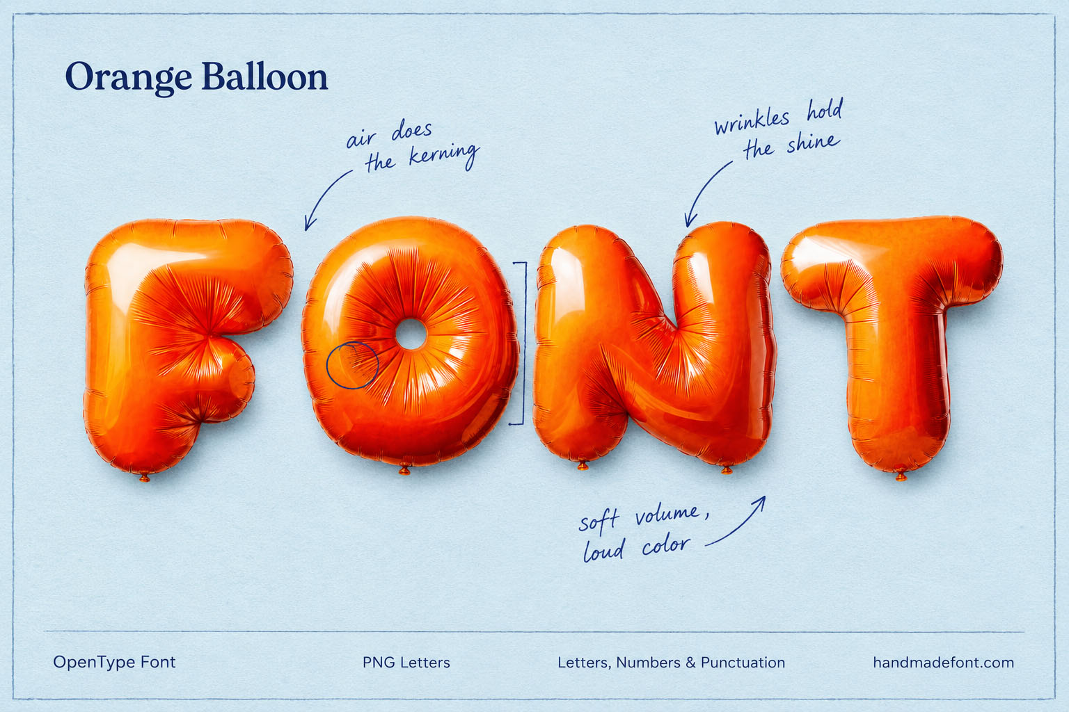 Orange Balloon Font glossy orange foil balloon letters on pale blue