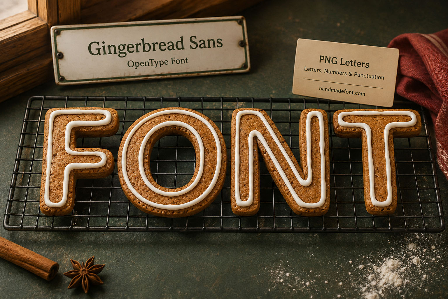 Gingerbread Sans Font iced gingerbread letters on a cooling rack