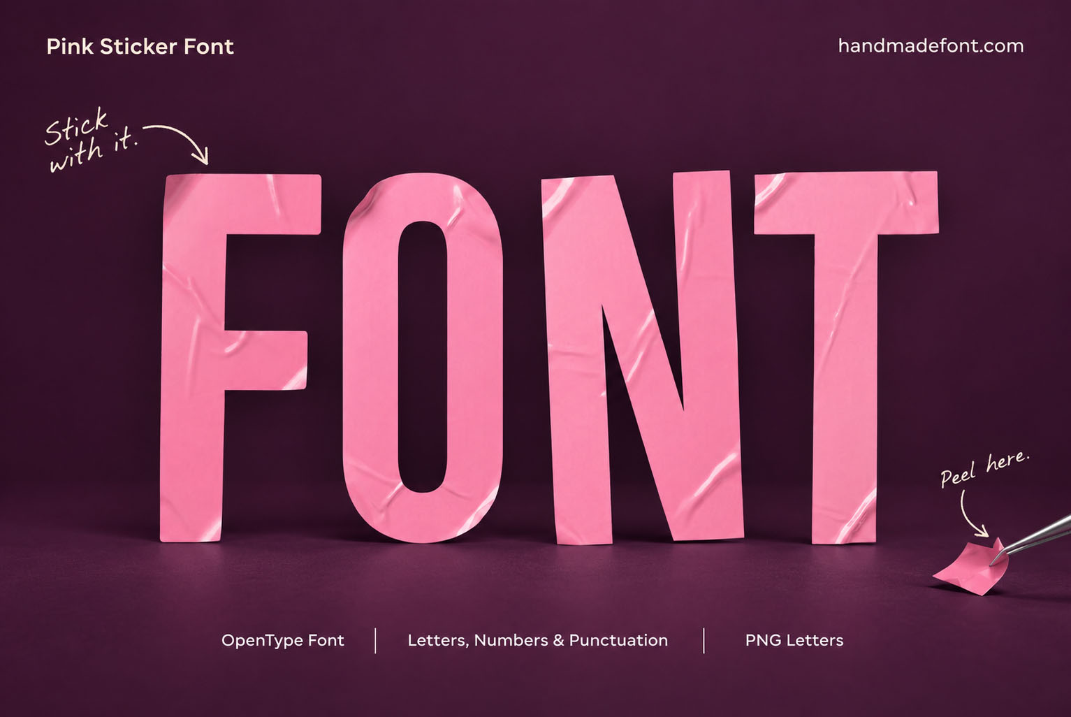 Pink Sticker Font glossy pink vinyl capitals peeling off a plum background