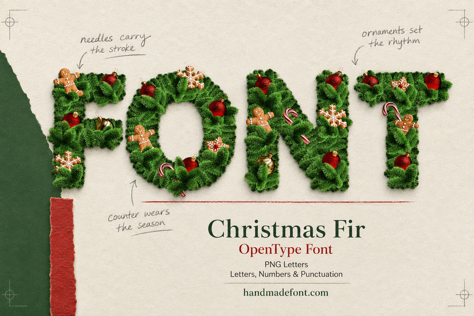 Christmas Fir Font letters of fir branches with baubles and gingerbread