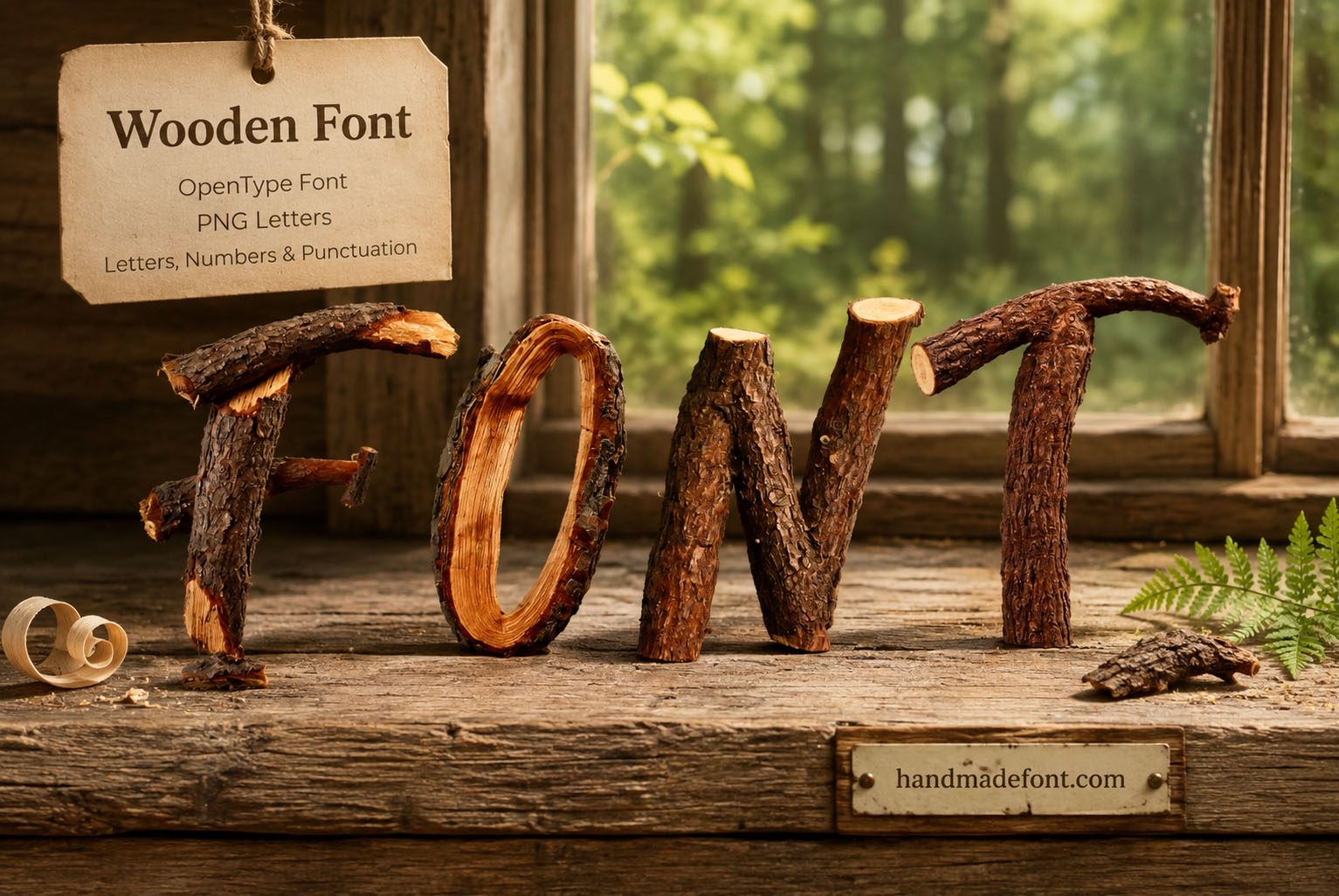 Wooden OpenType Font letters made of bark-covered branches on a rustic table