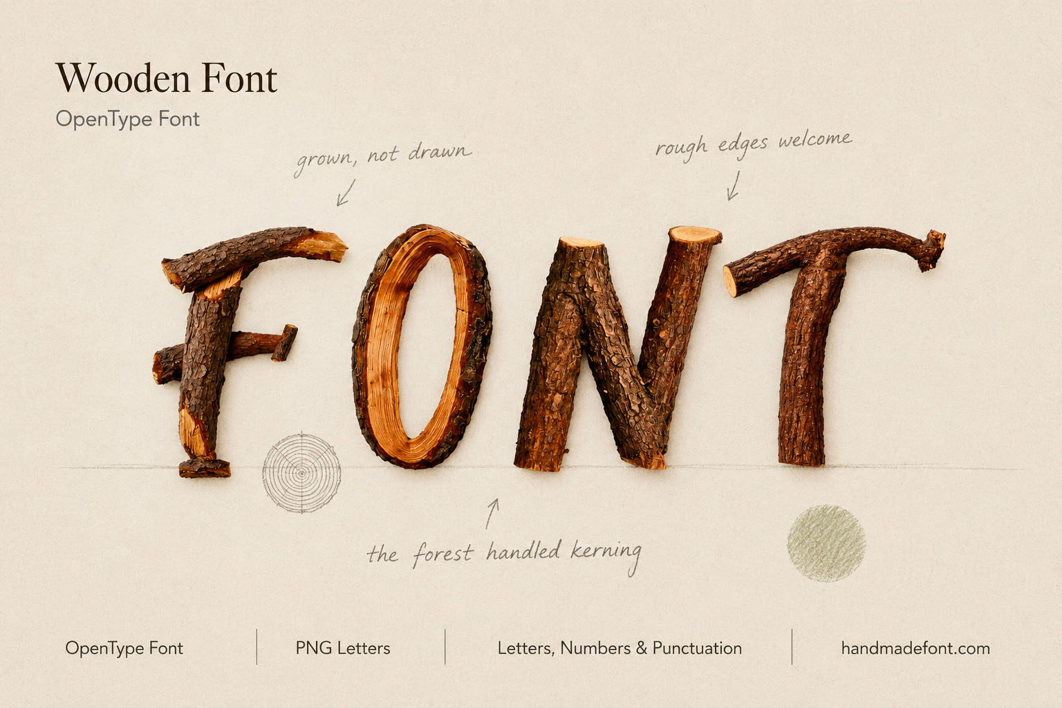 Wooden OpenType Font branch letters with rough bark edges on cream paper
