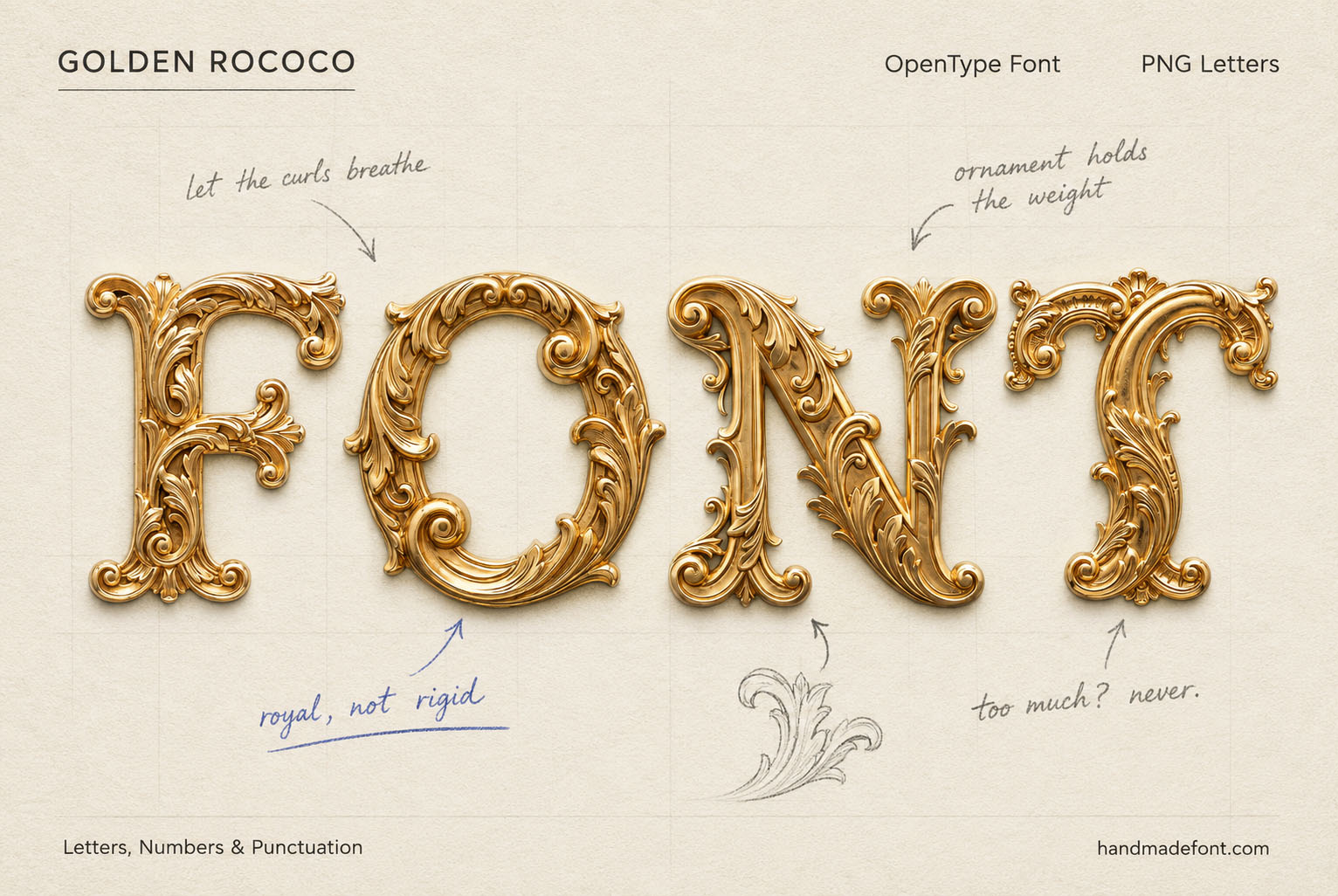 Golden Rococo Font ornate gold scrollwork letters on an ivory background