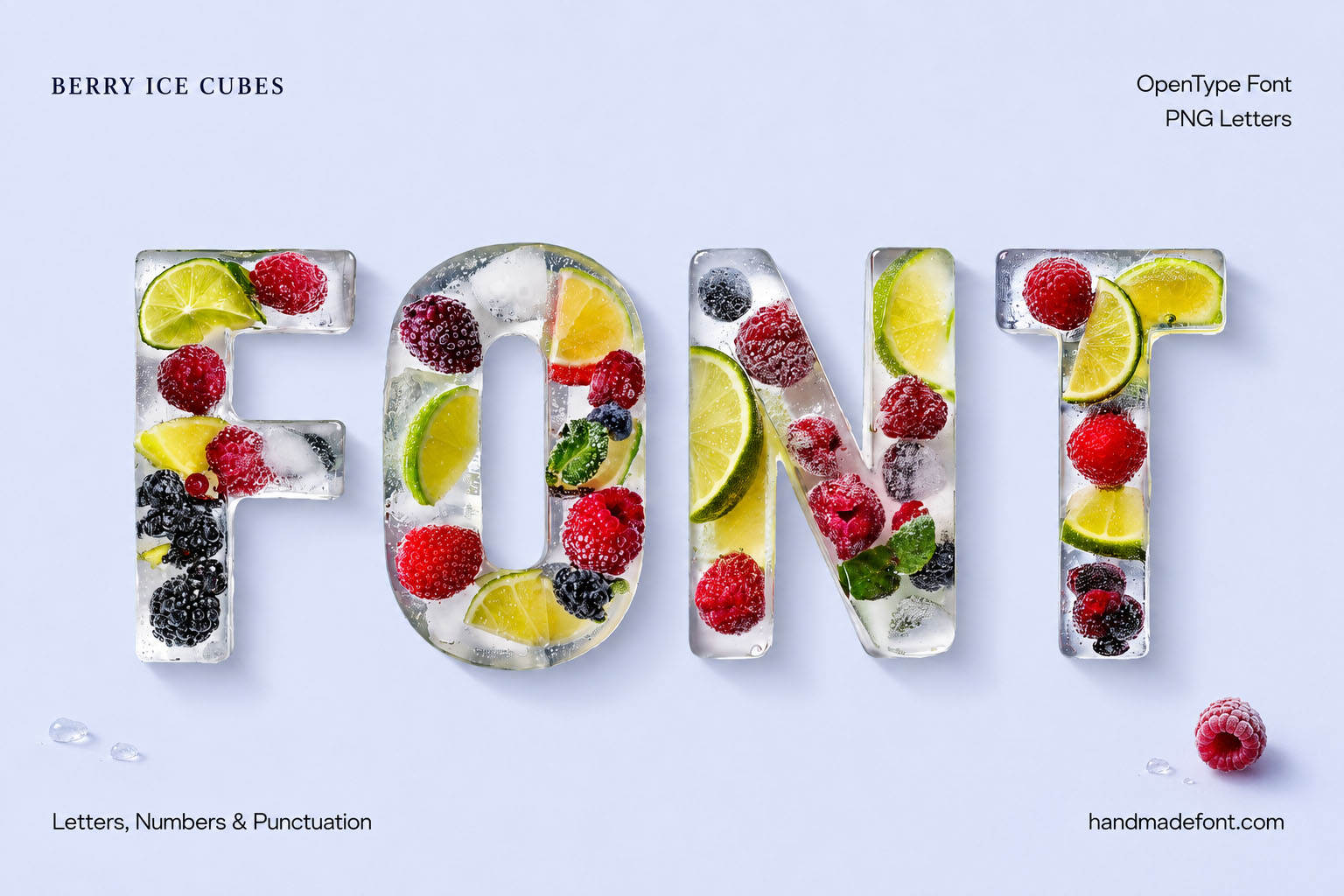 Berry Ice Cubes Font clear ice letters with frozen berries and lime slices