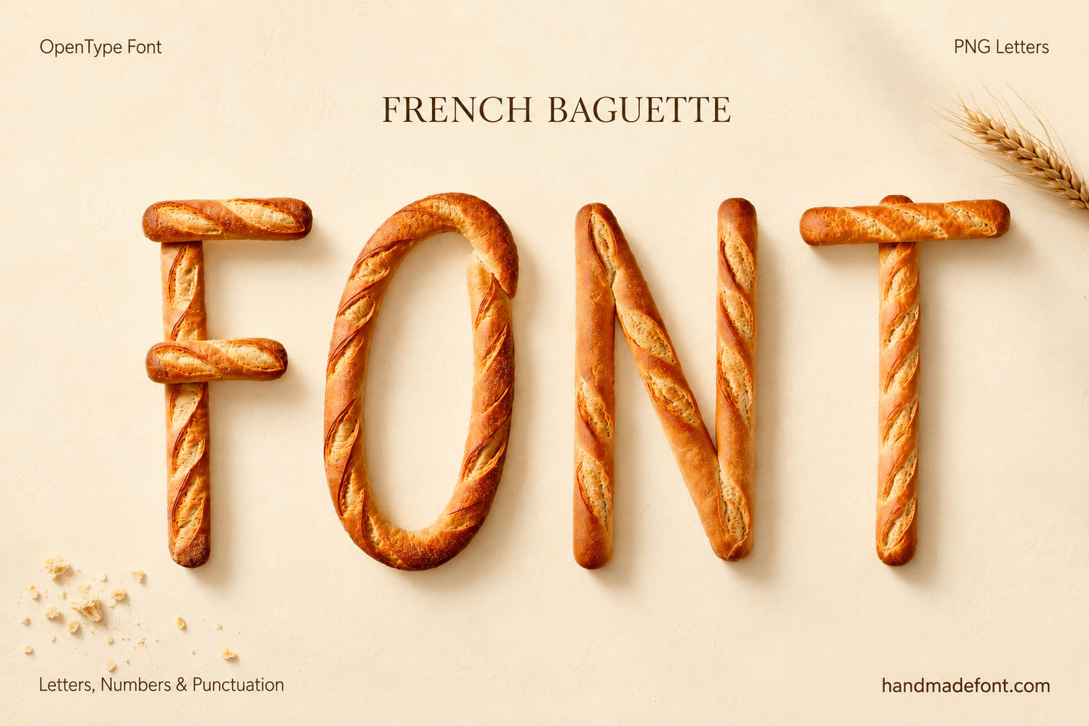 French Baguette Font golden baked bread letters with wheat on cream